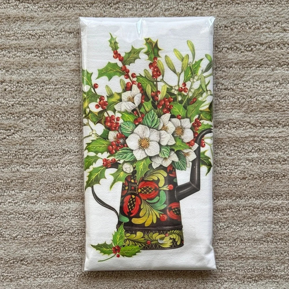 Mary Lake-Thompson Kitchen Flour Sack Dish Towel Holly Berries Watering Can